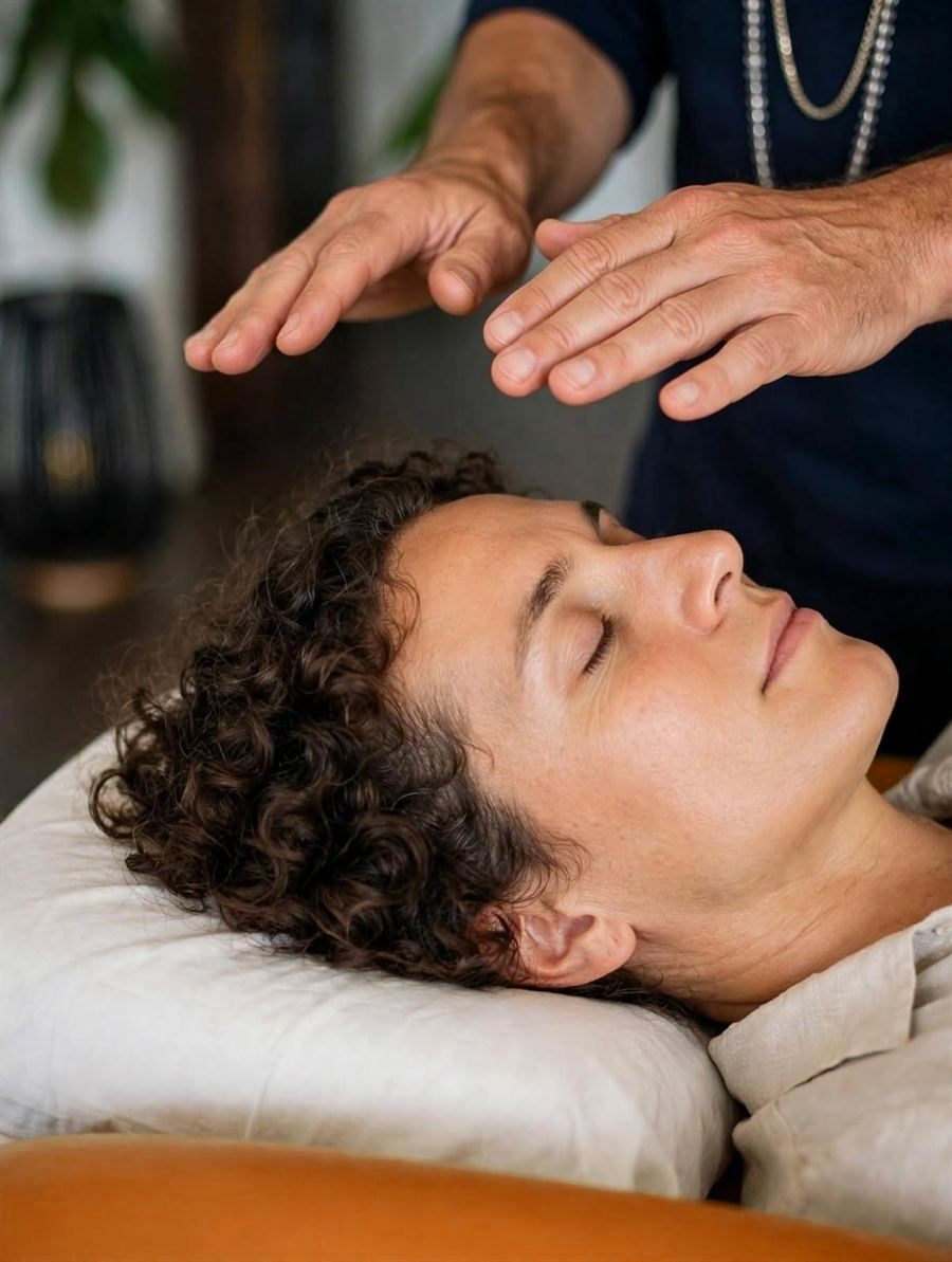 Imposition des mains au-dessus de la tête d'une personne détendue